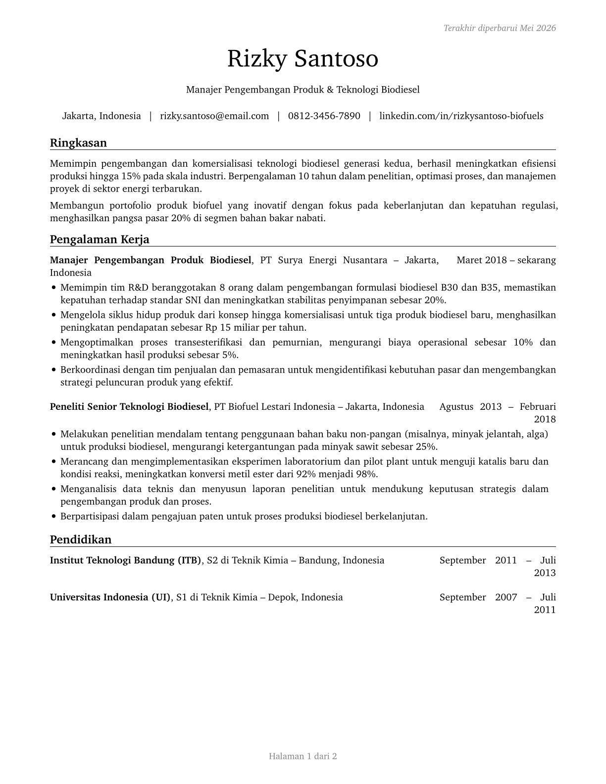Biofuels/Biodiesel Technology and Product Development Managers CV in Indonesian — page 1