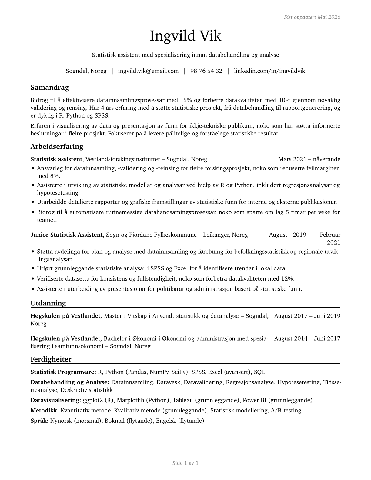Statistical Assistants CV in Norwegian_nynorsk — page 1