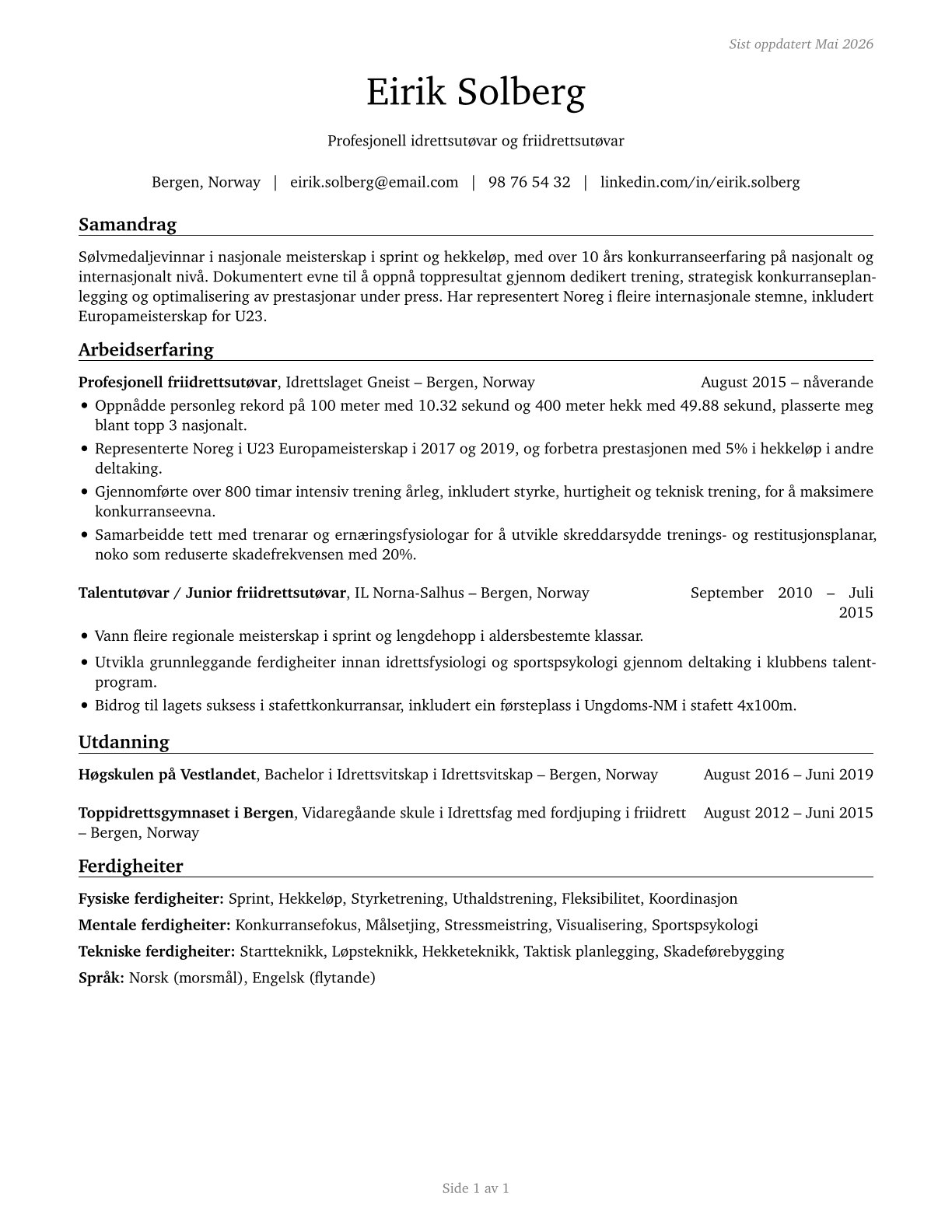 Athletes and Sports Competitors CV in Norwegian_nynorsk — page 1