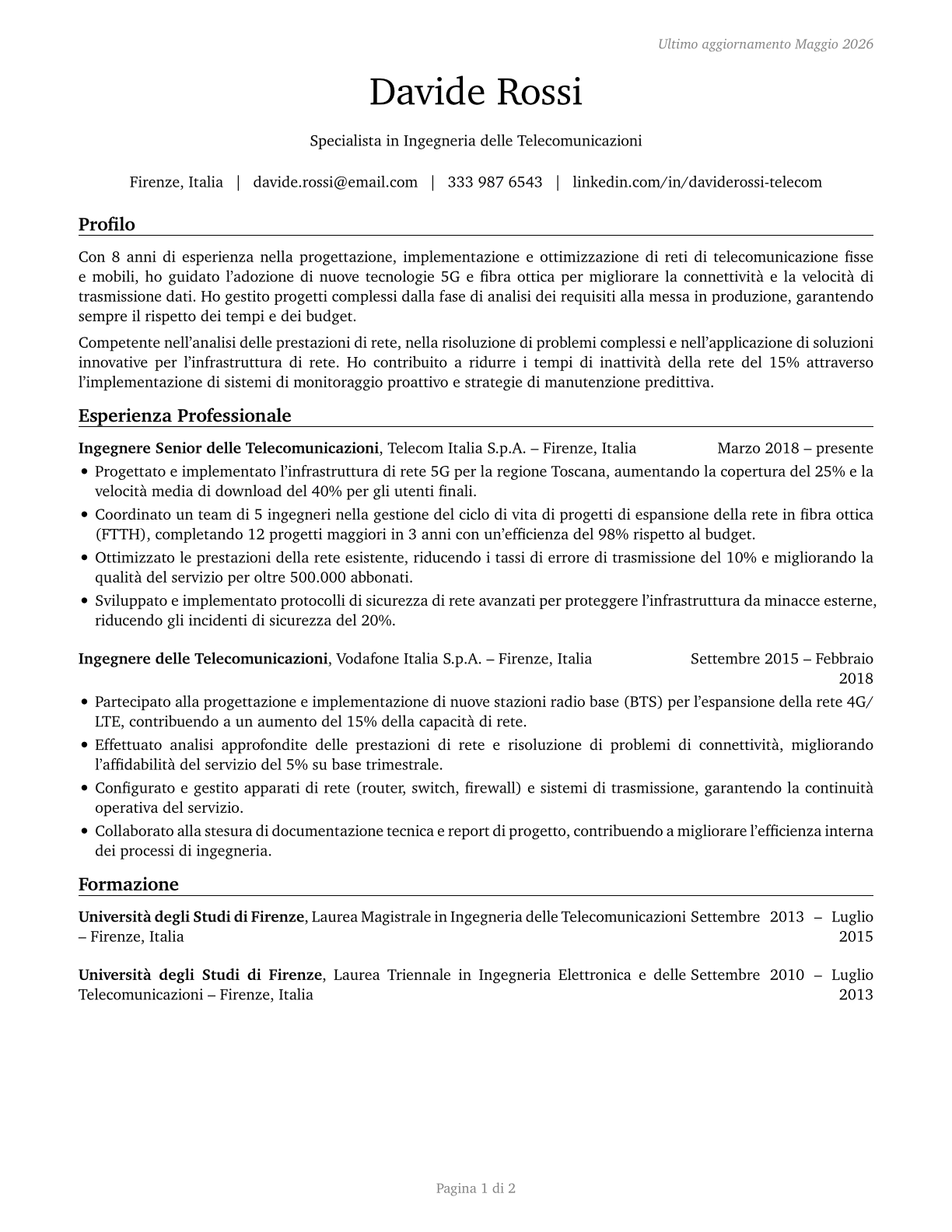 Telecommunications Engineering Specialists CV in Italian — page 1