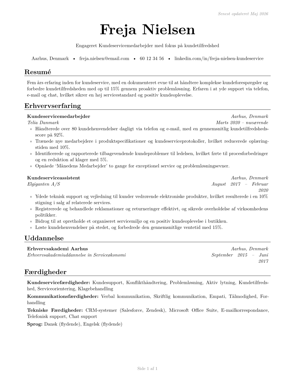 Customer Service Representatives CV in Danish — page 1
