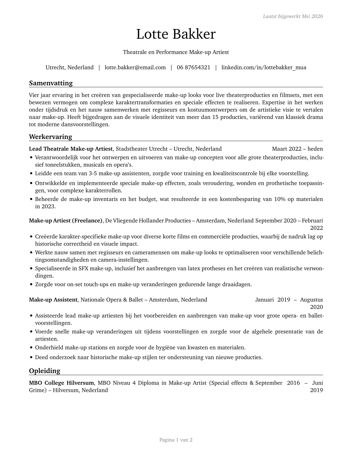 Makeup Artists, Theatrical and Performance CV in Dutch — page 1
