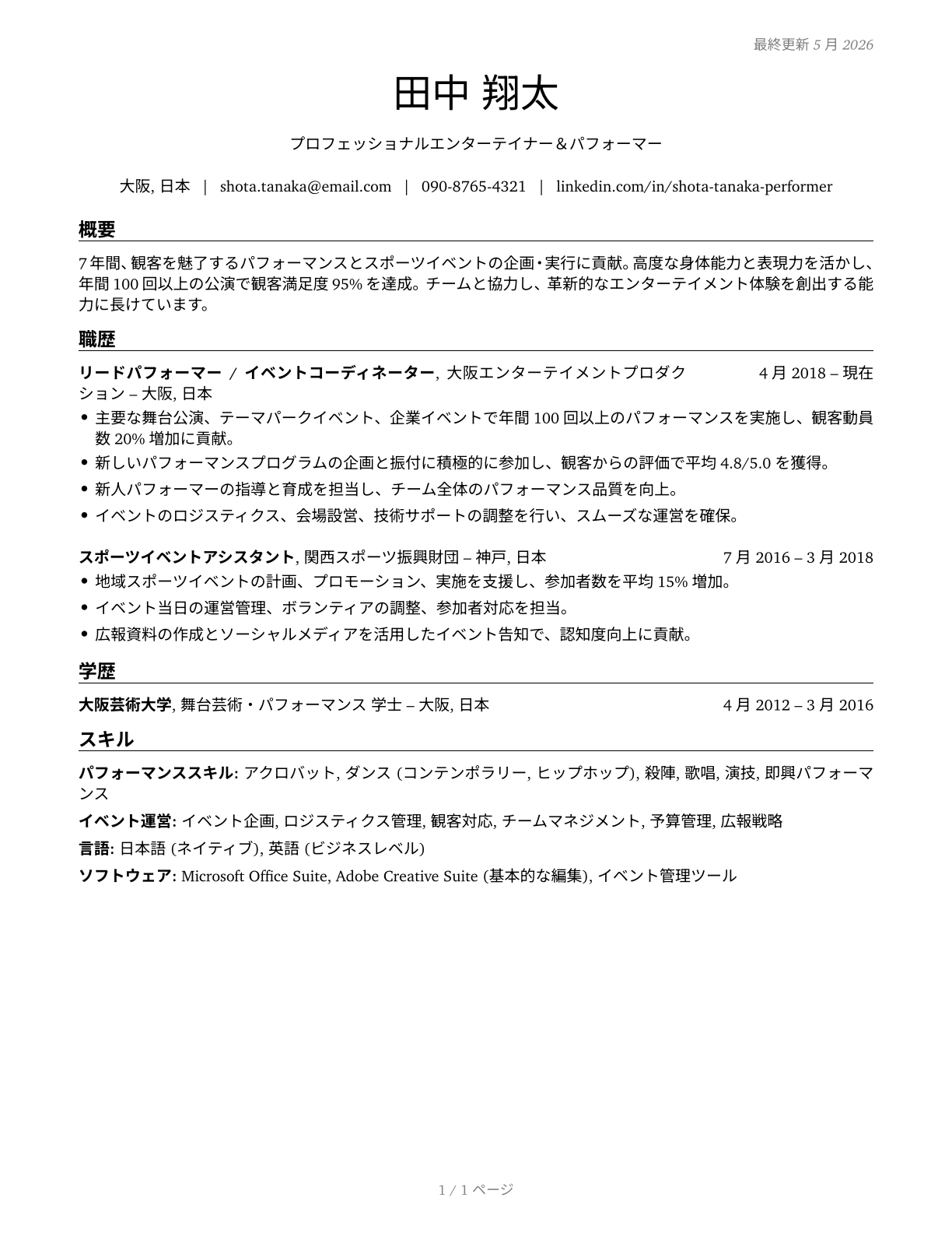 Entertainers and Performers, Sports and Related Workers, All Other CV in Japanese — page 1
