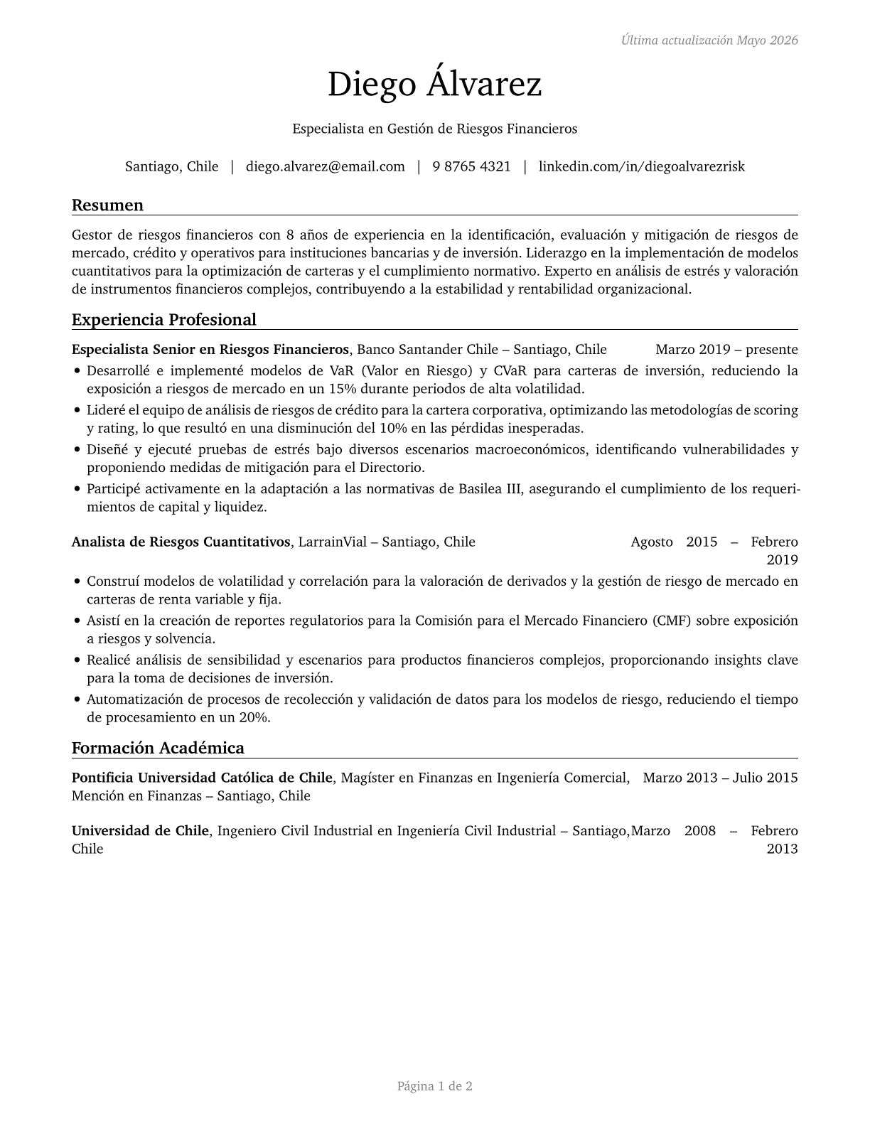 Financial Risk Specialists CV in Spanish — page 1