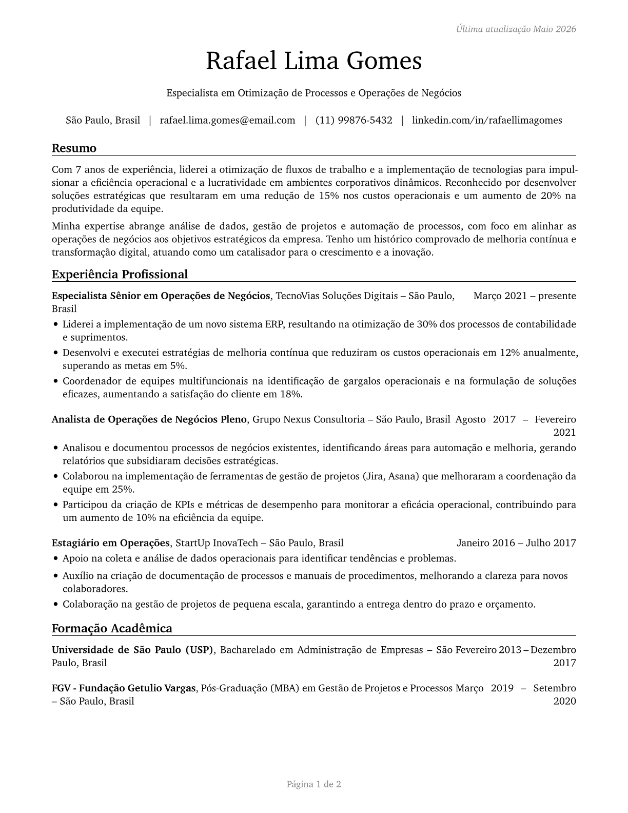 Business Operations Specialists, All Other CV in Portuguese — page 1