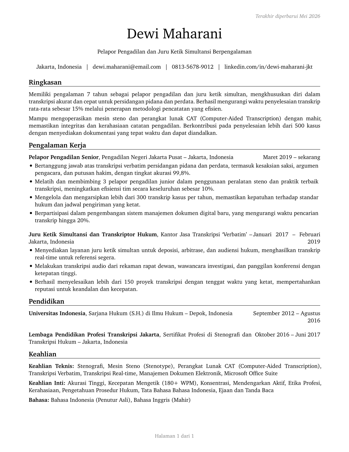 Court Reporters and Simultaneous Captioners CV in Indonesian — page 1