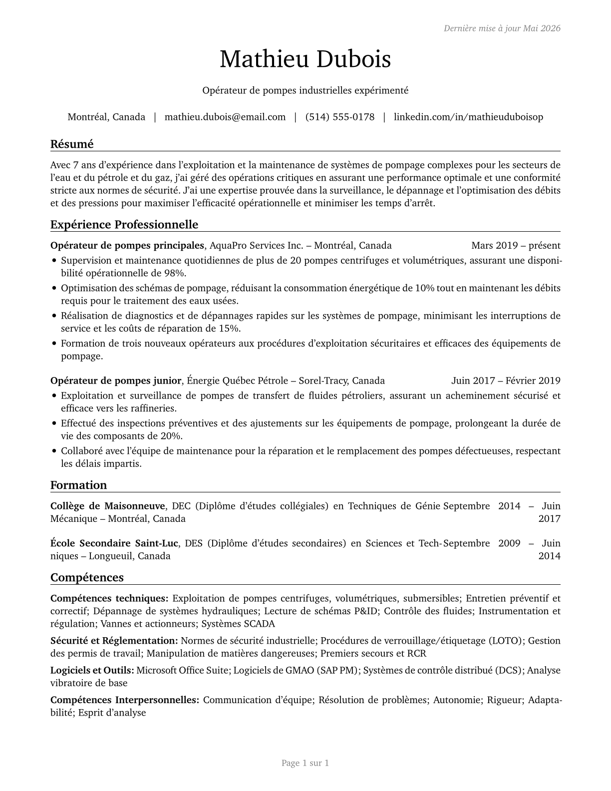 Pump Operators, Except Wellhead Pumpers CV in French — page 1