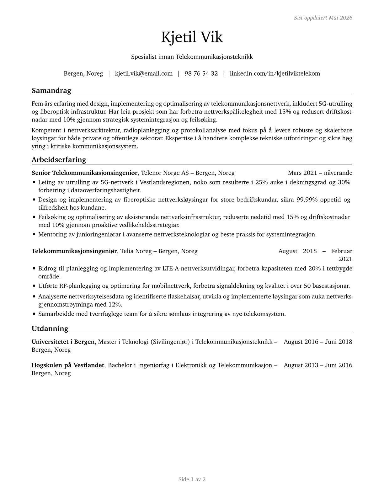 Telecommunications Engineering Specialists CV in Norwegian_nynorsk — page 1