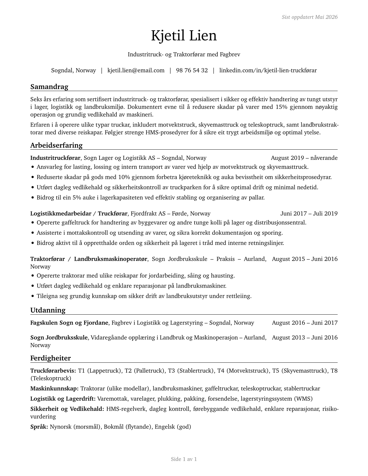 Industrial Truck and Tractor Operators CV in Norwegian_nynorsk — page 1