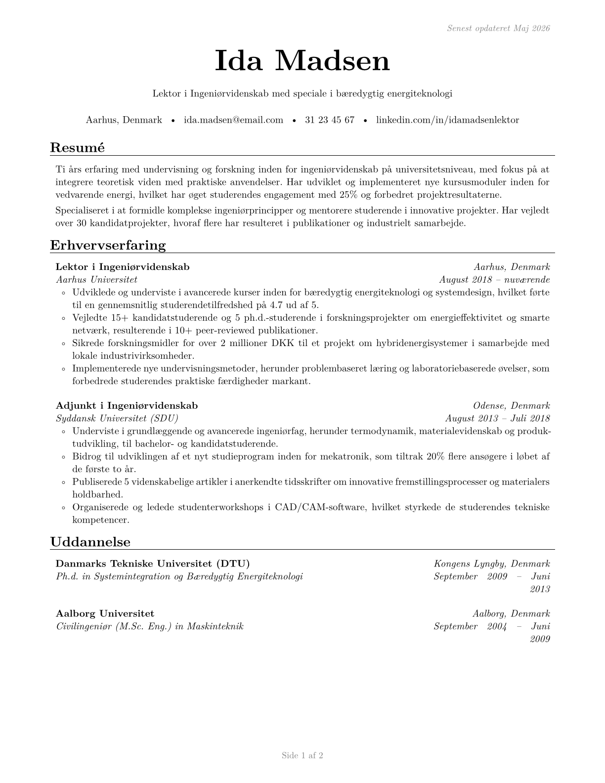 Engineering Teachers, Postsecondary CV in Danish — page 1