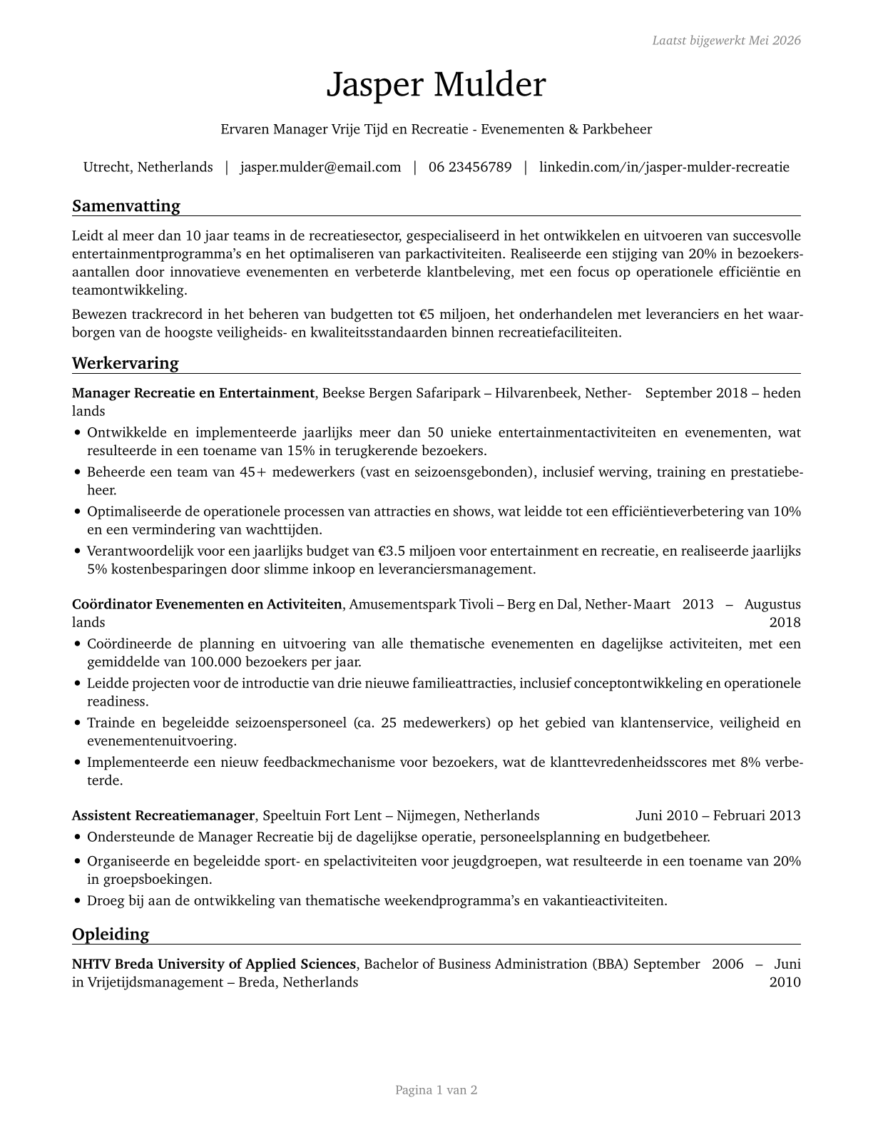 Entertainment and Recreation Managers, Except Gambling CV in Dutch — page 1