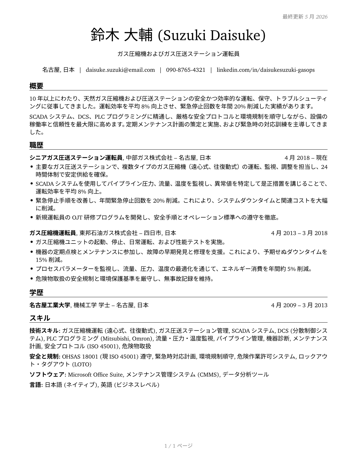 Gas Compressor and Gas Pumping Station Operators CV in Japanese — page 1