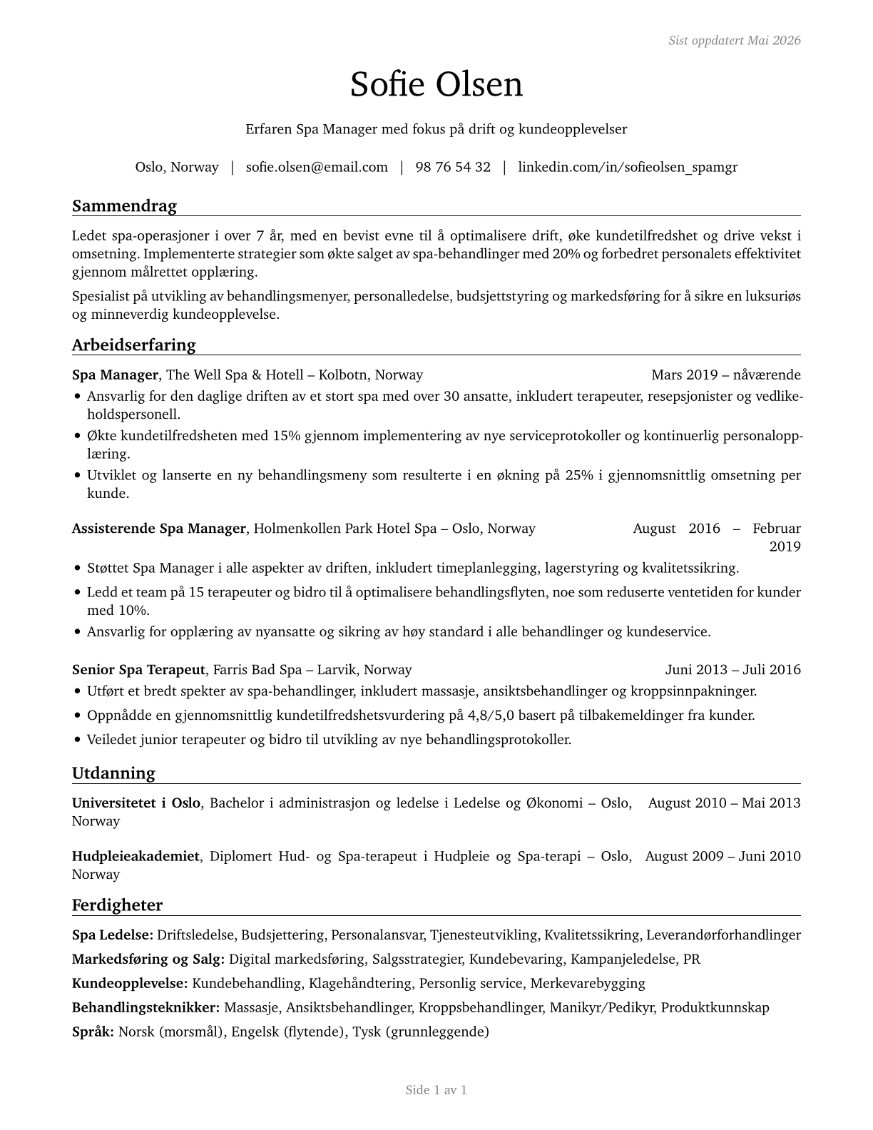 Spa Managers CV in Norwegian_bokmal — page 1