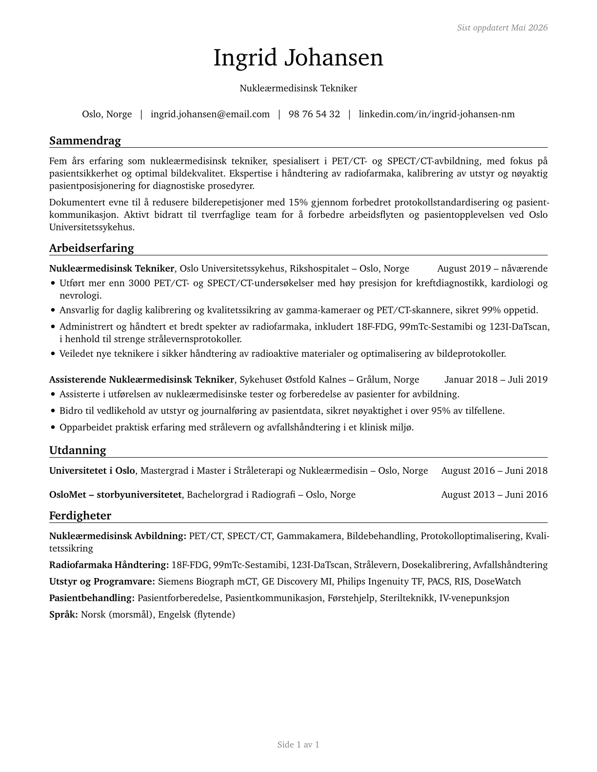 Nuclear Medicine Technologists CV in Norwegian_bokmal — page 1