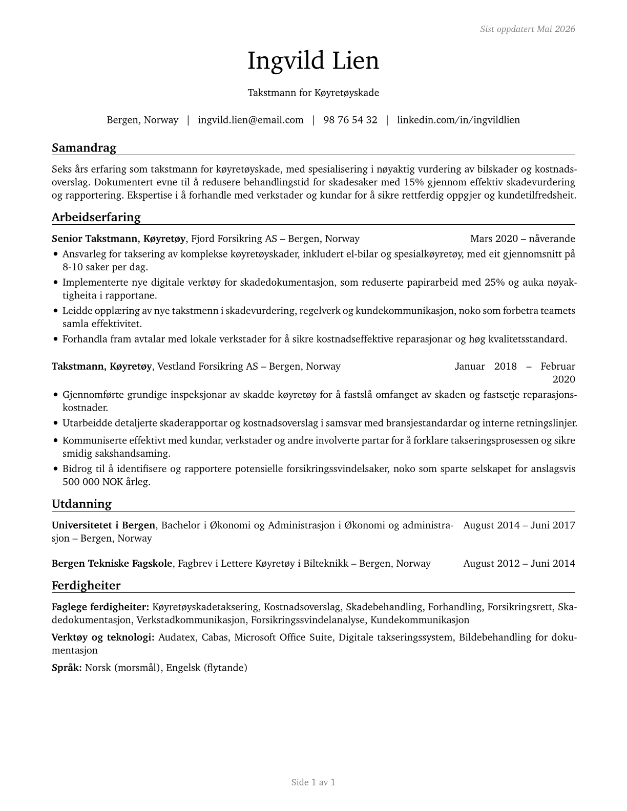 Insurance Appraisers, Auto Damage CV in Norwegian_nynorsk — page 1