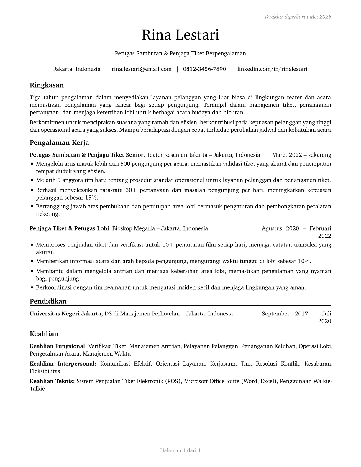 Ushers, Lobby Attendants, and Ticket Takers CV in Indonesian — page 1