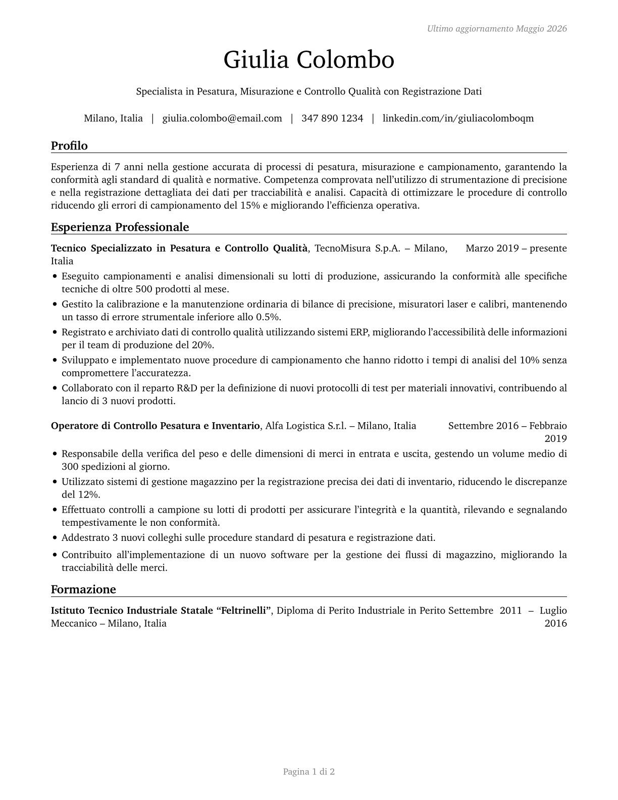 Weighers, Measurers, Checkers, and Samplers, Recordkeeping CV in Italian — page 1