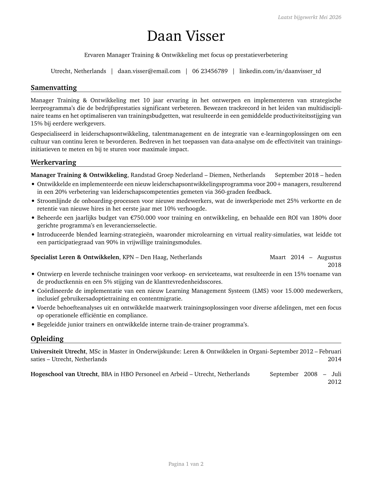 Training and Development Managers CV in Dutch — page 1