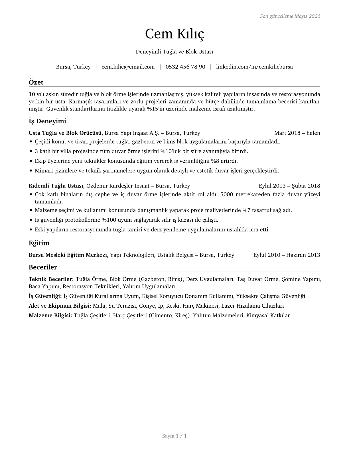 Brickmasons and Blockmasons CV in Turkish — page 1