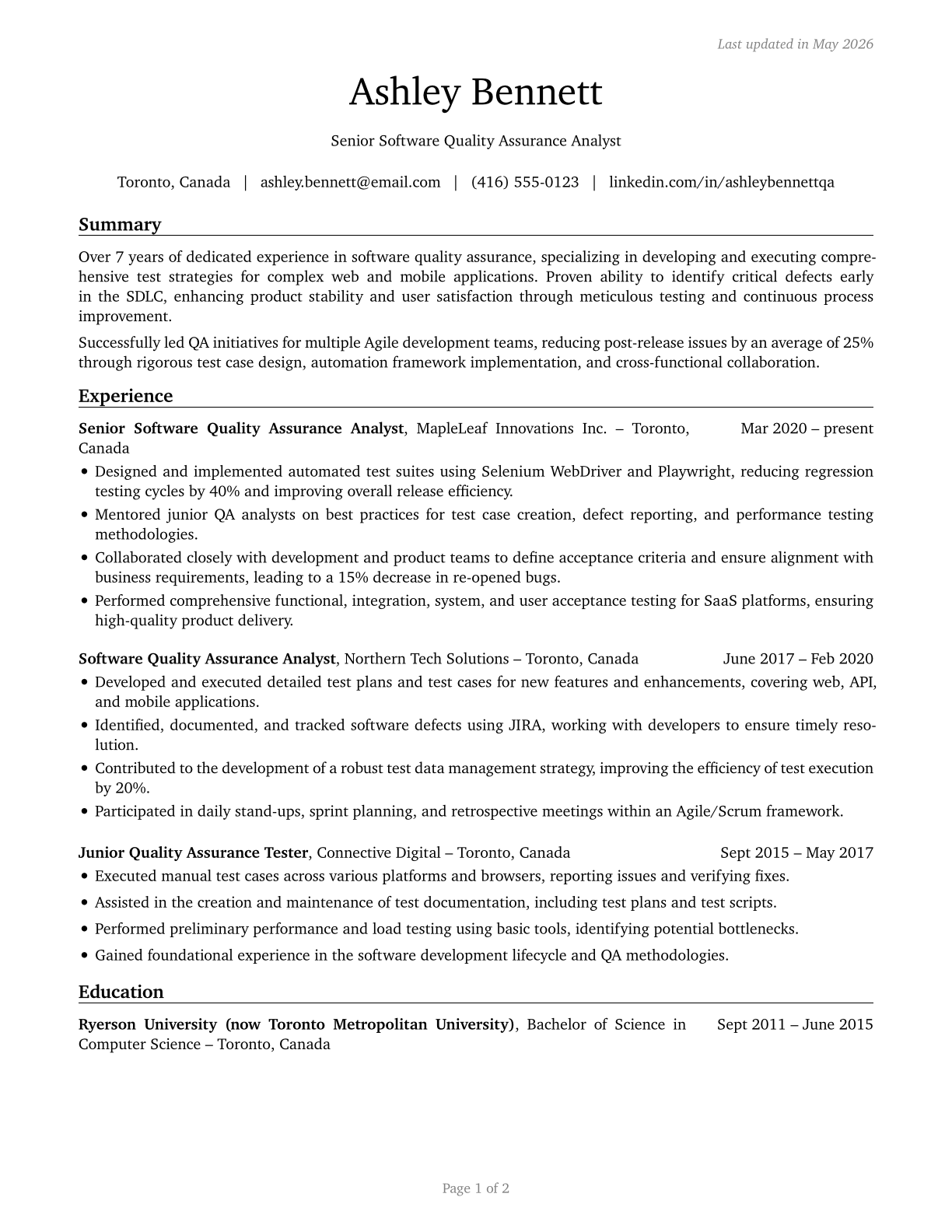 Software Quality Assurance Analysts and Testers CV in English — page 1