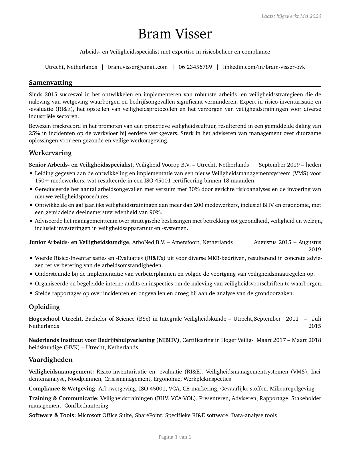 Occupational Health and Safety Specialists CV in Dutch — page 1