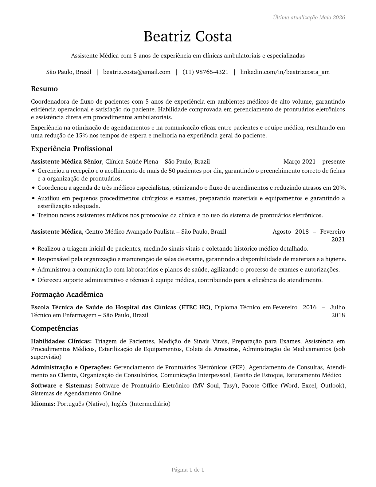 Medical Assistants CV in Portuguese — page 1