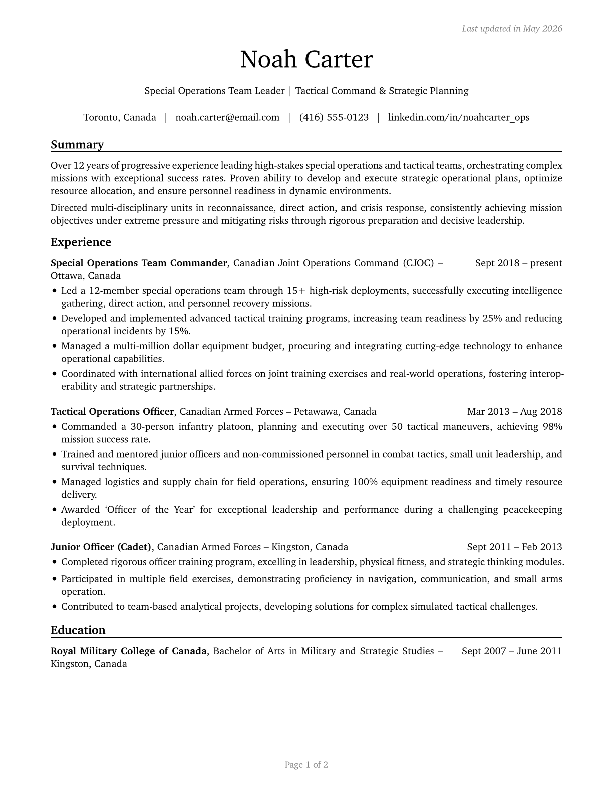 Military Officer Special and Tactical Operations Leaders, All Other CV in English — page 1