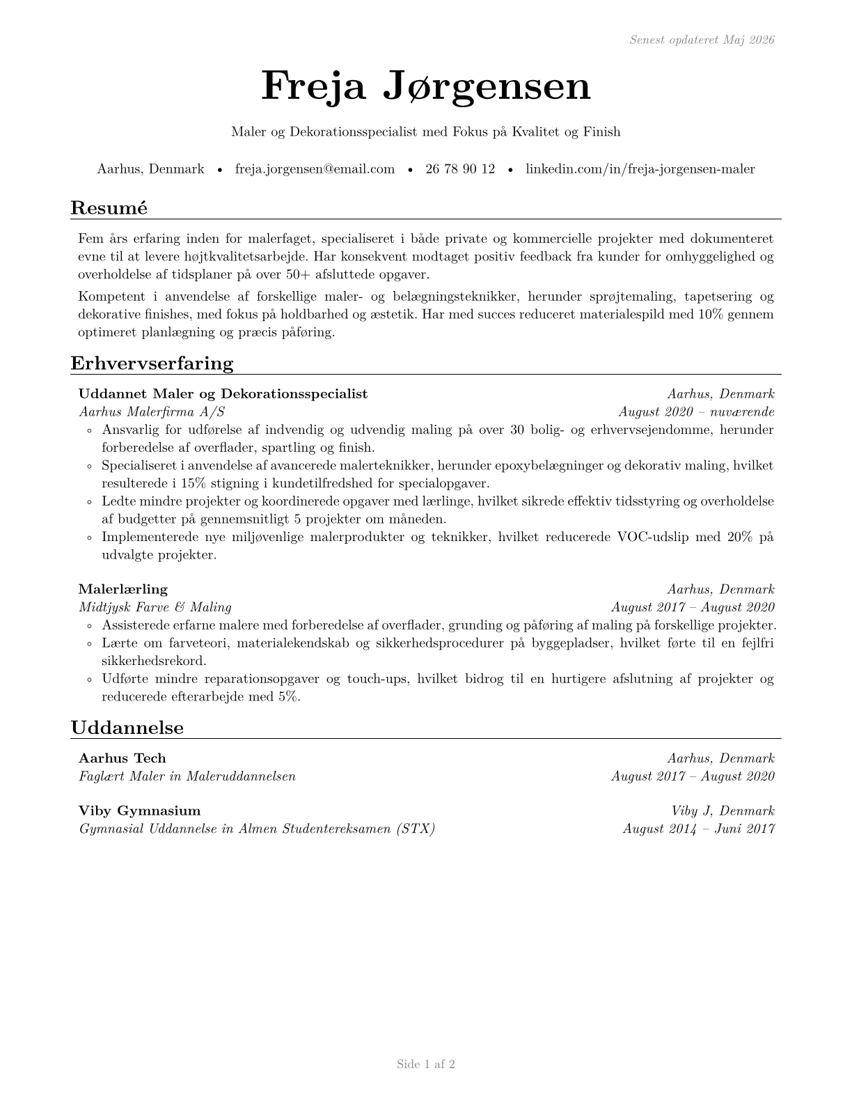 Painting, Coating, and Decorating Workers CV in Danish — page 1