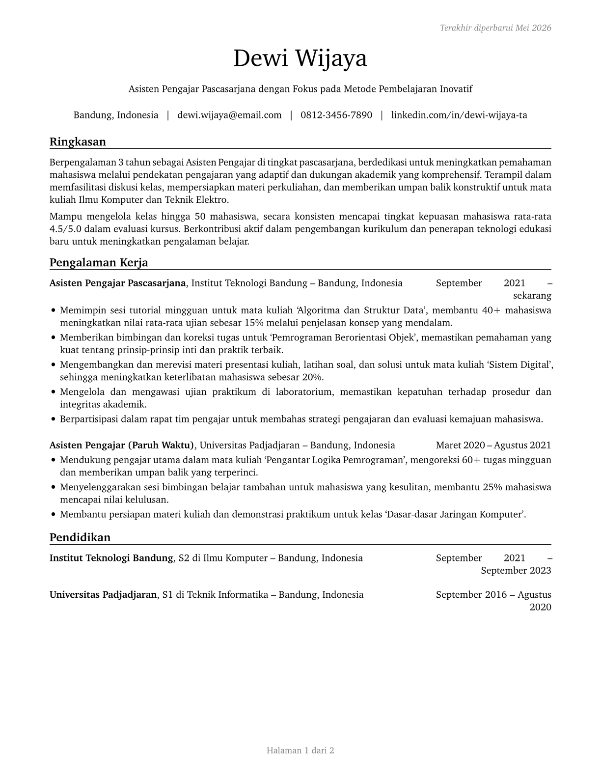 Teaching Assistants, Postsecondary CV in Indonesian — page 1