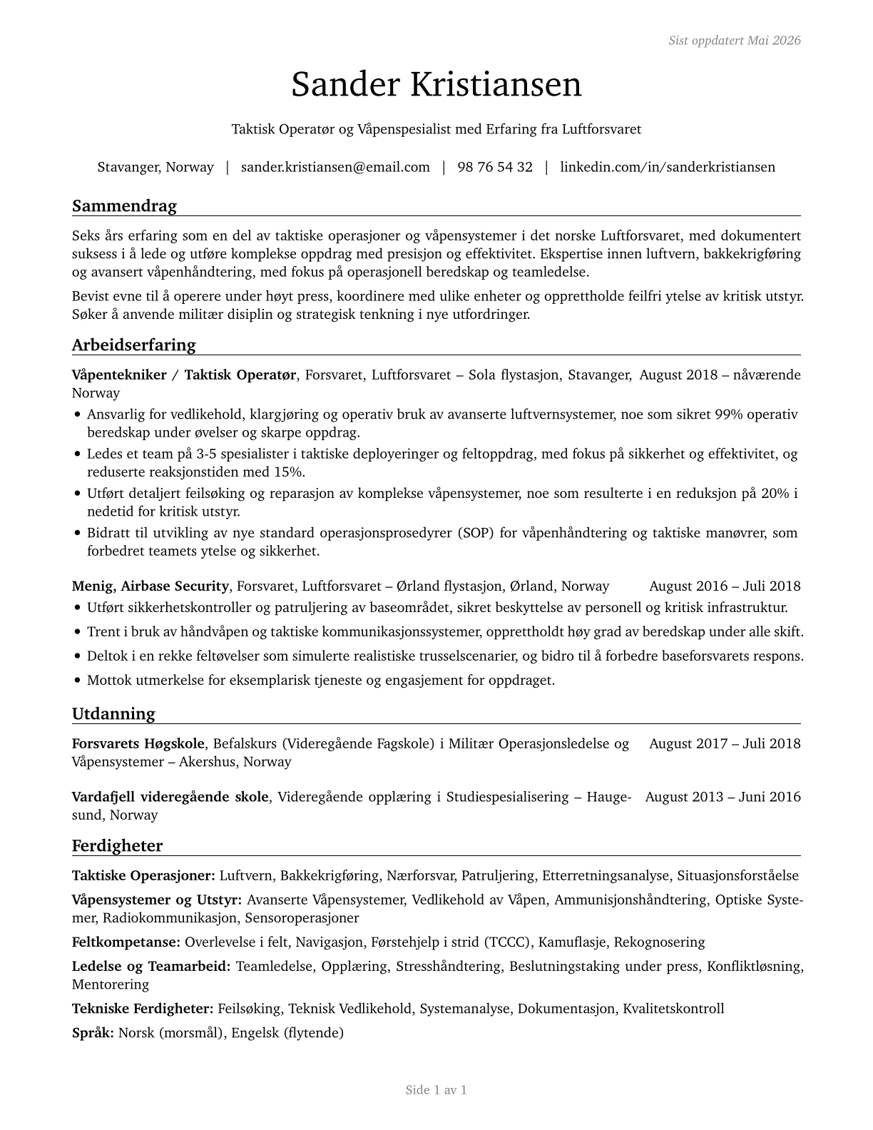 Military Enlisted Tactical Operations and Air/Weapons Specialists and Crew Members, All Other CV in Norwegian_bokmal — page 1