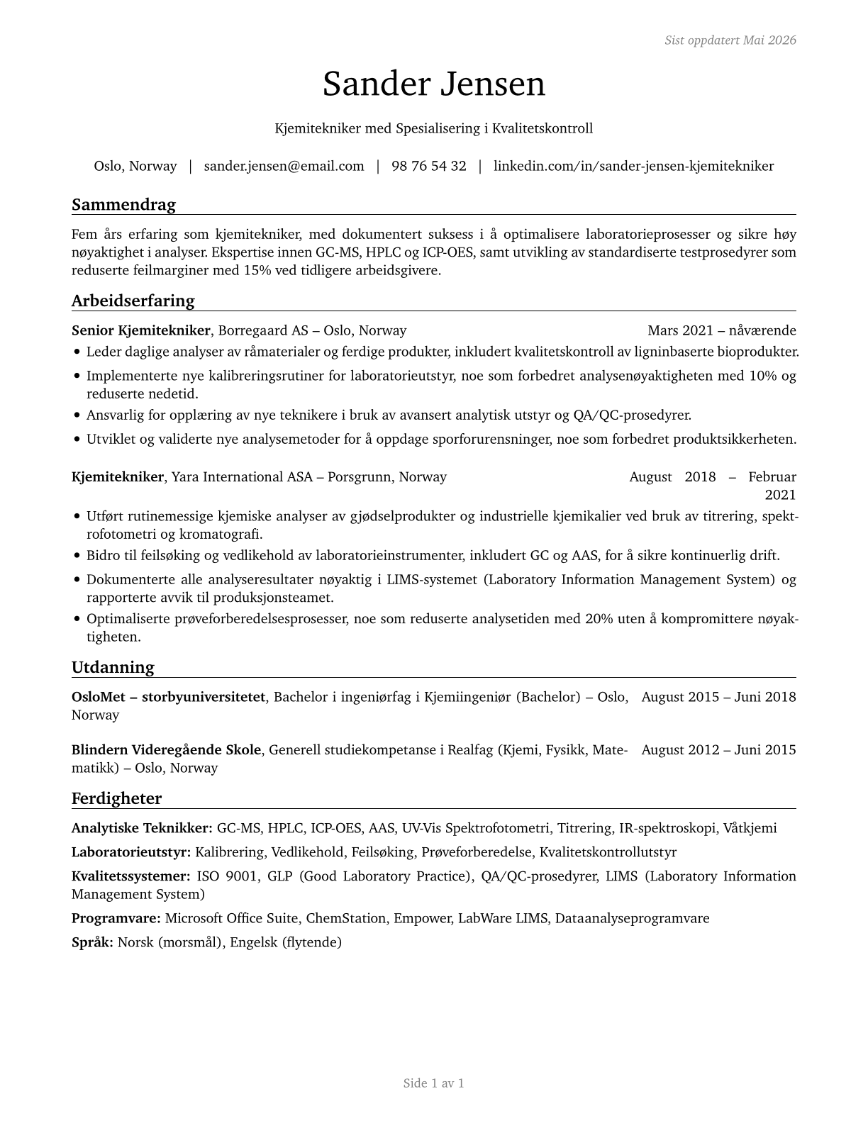 Chemical Technicians CV in Norwegian_bokmal — page 1