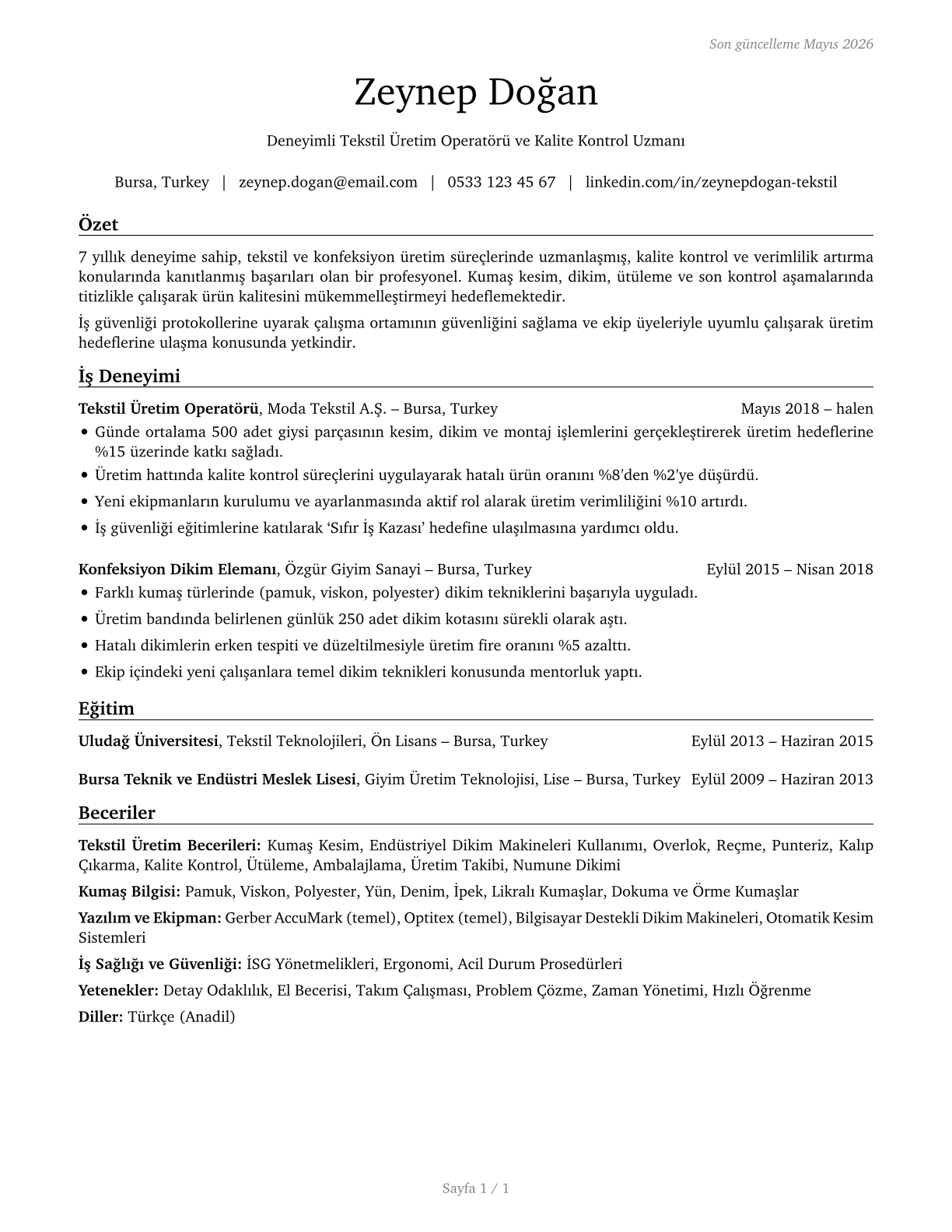 Textile, Apparel, and Furnishings Workers, All Other CV in Turkish — page 1