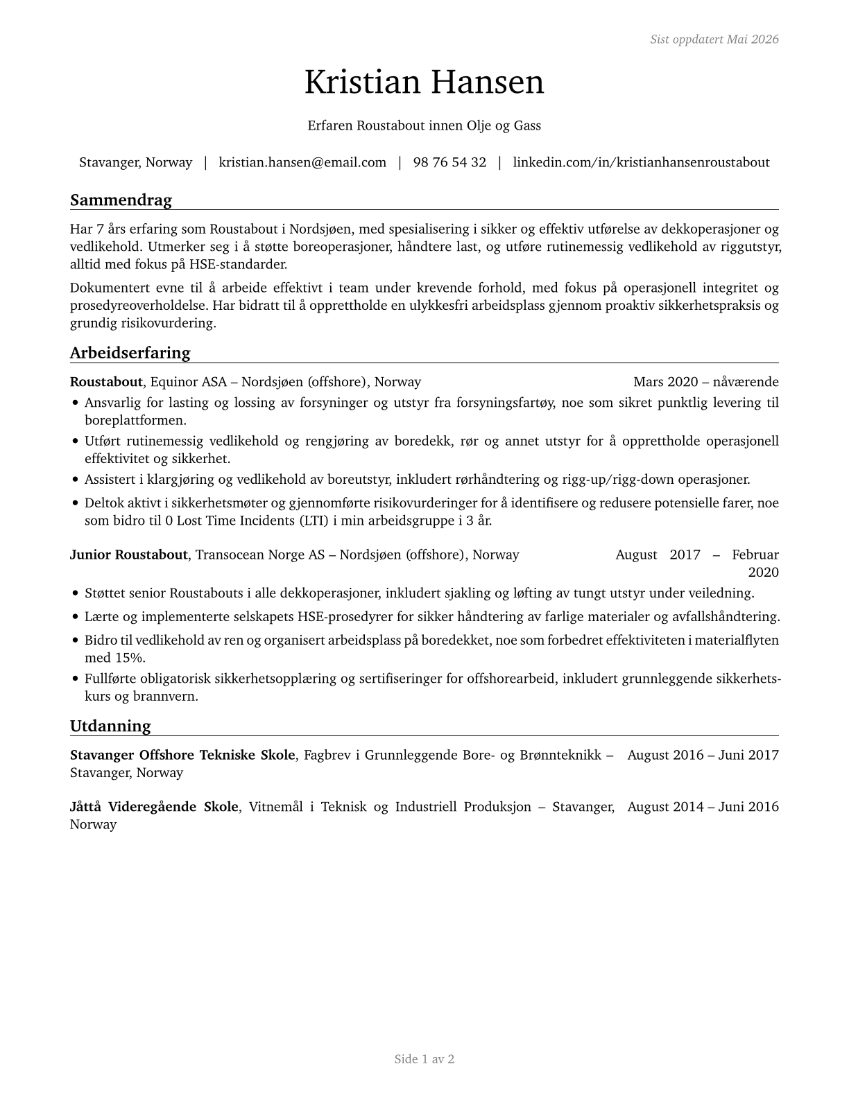 Roustabouts, Oil and Gas CV in Norwegian_bokmal — page 1