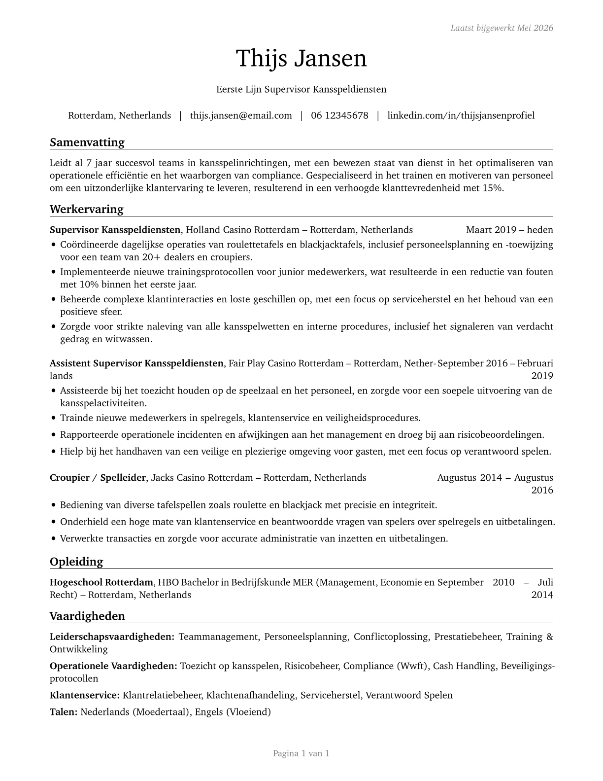 First-Line Supervisors of Gambling Services Workers CV in Dutch — page 1