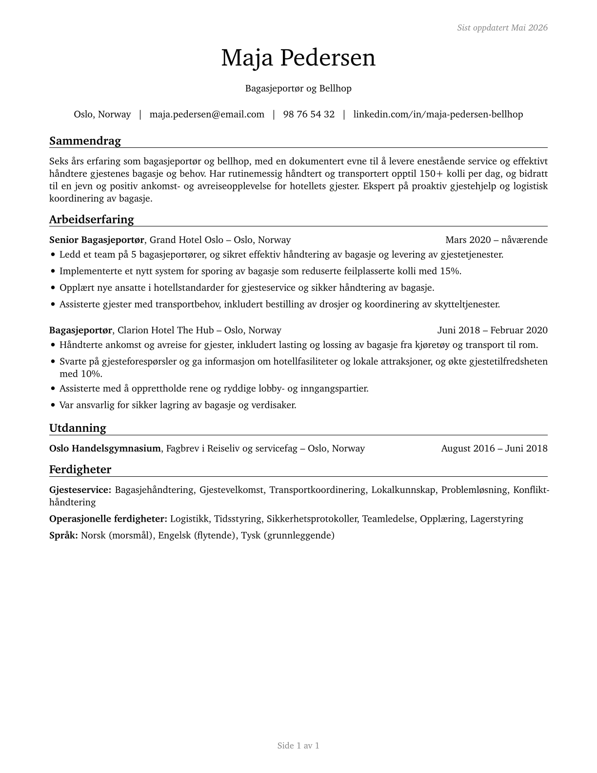Baggage Porters and Bellhops CV in Norwegian_bokmal — page 1
