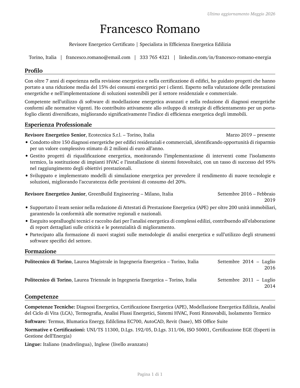 Energy Auditors CV in Italian — page 1