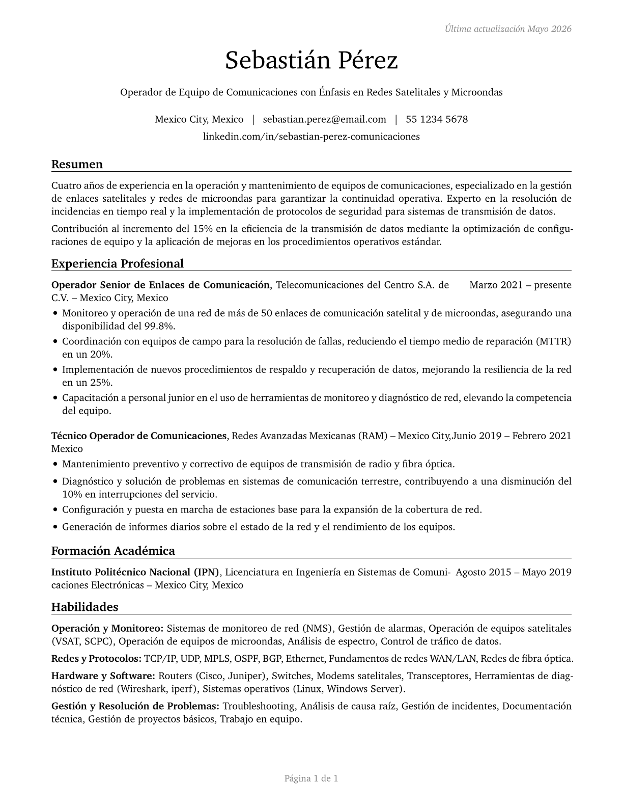 Communications Equipment Operators, All Other CV in Spanish — page 1