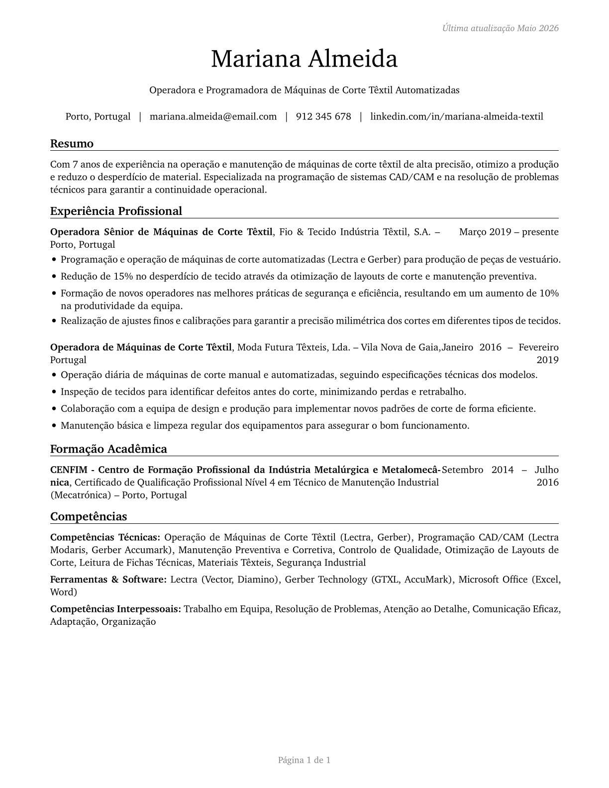 Textile Cutting Machine Setters, Operators, and Tenders CV in Portuguese — page 1