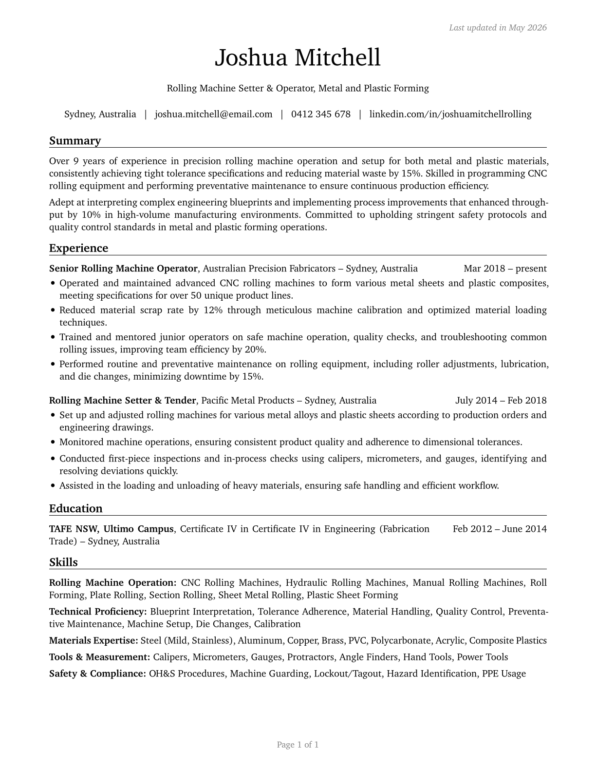 Rolling Machine Setters, Operators, and Tenders, Metal and Plastic CV in English — page 1