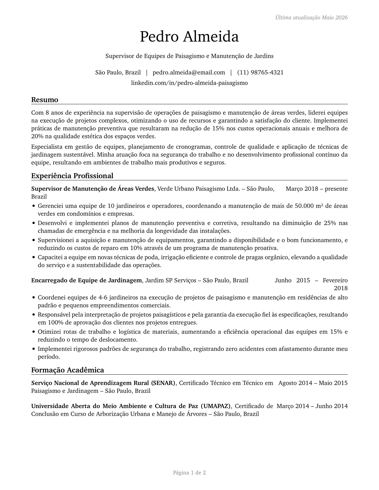 First-Line Supervisors of Landscaping, Lawn Service, and Groundskeeping Workers CV in Portuguese — page 1