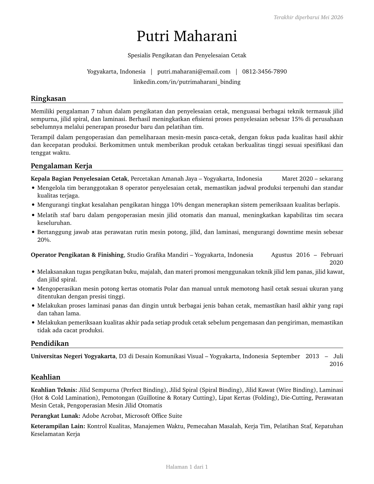 Print Binding and Finishing Workers CV in Indonesian — page 1
