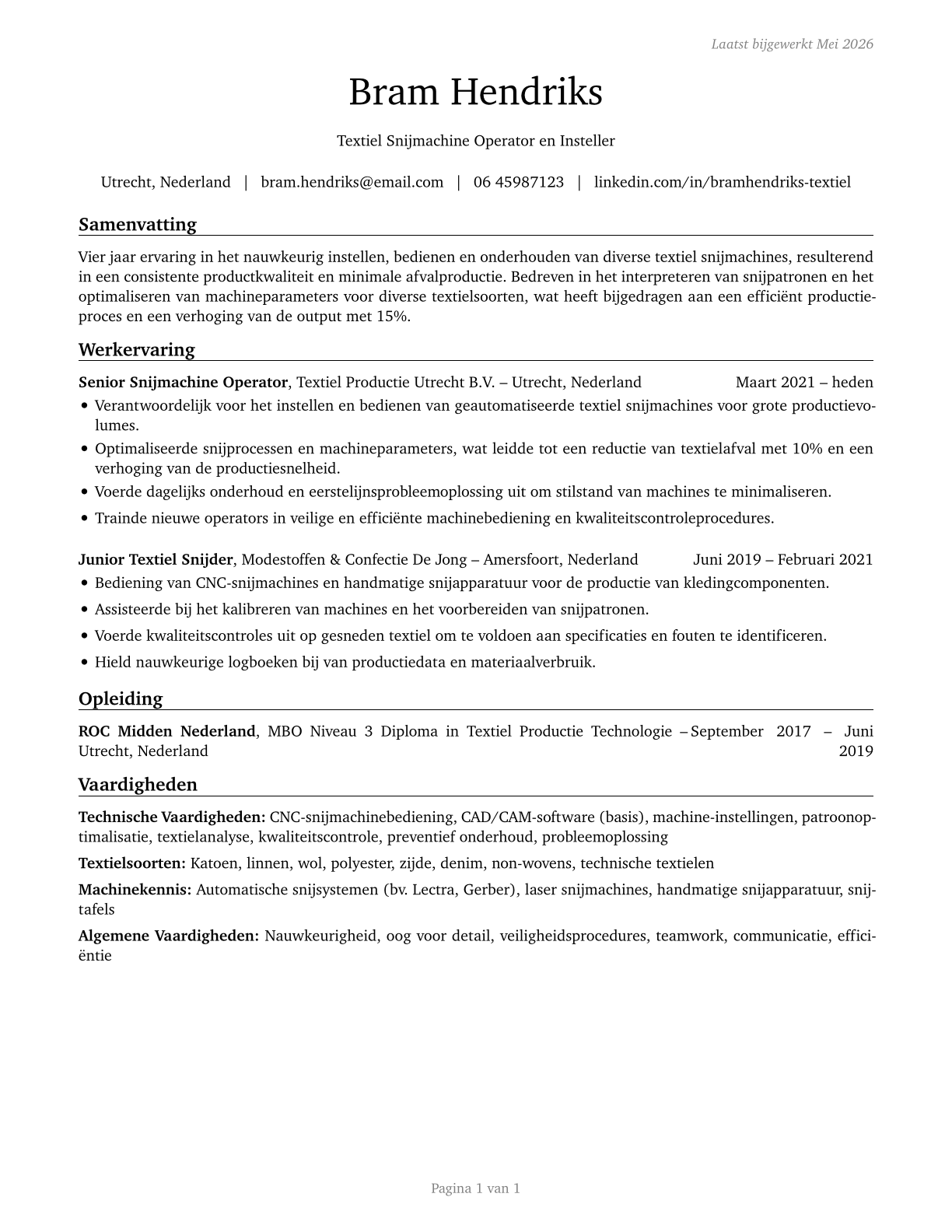 Textile Cutting Machine Setters, Operators, and Tenders CV in Dutch — page 1