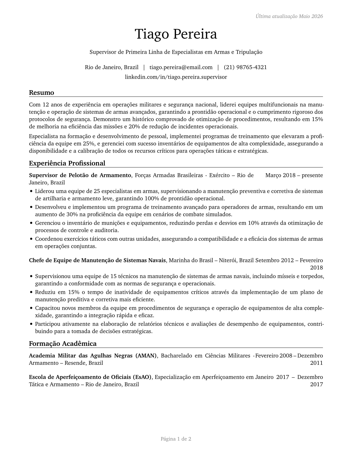 First-Line Supervisors of Weapons Specialists/Crew Members CV in Portuguese — page 1