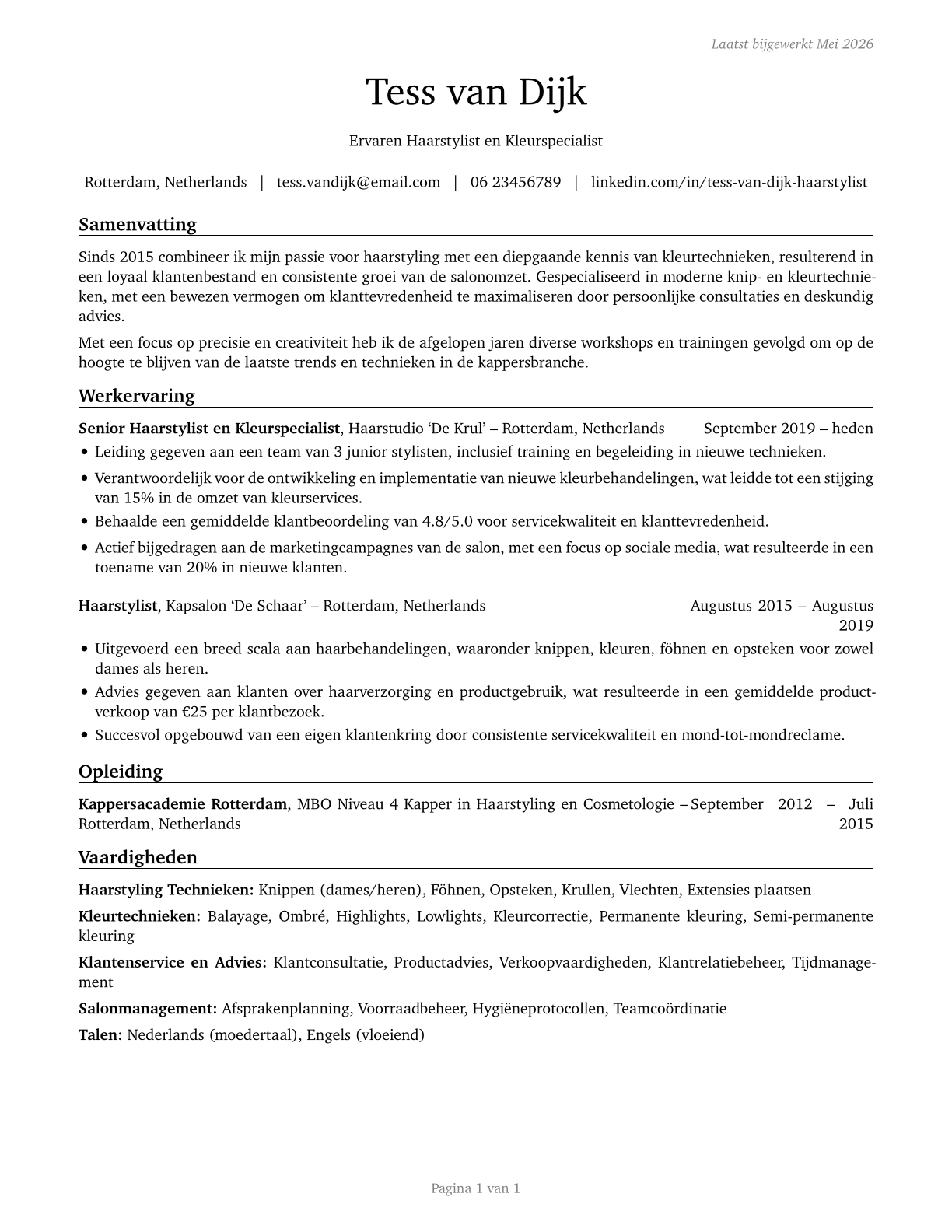 Hairdressers, Hairstylists, and Cosmetologists CV in Dutch — page 1