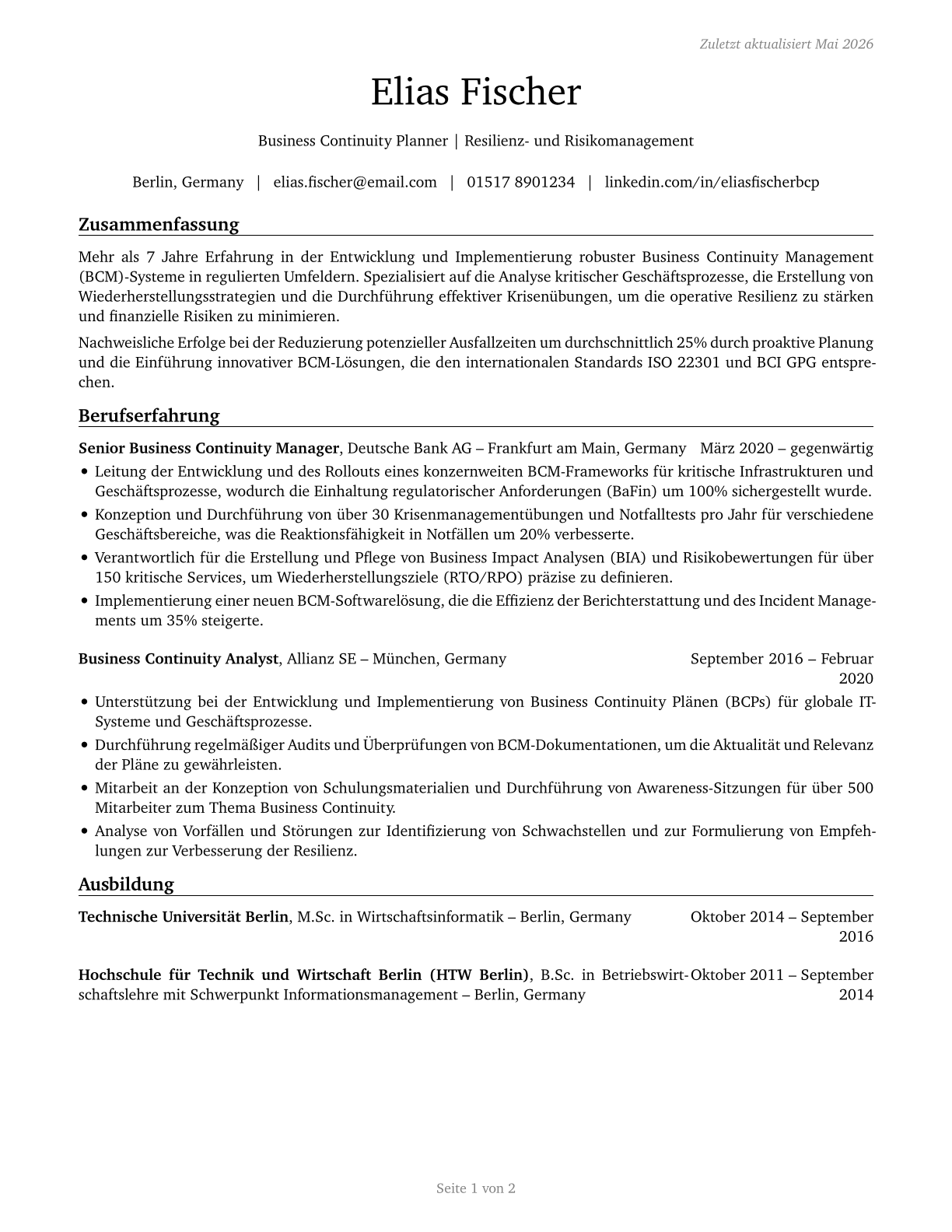 Business Continuity Planners CV in German — page 1