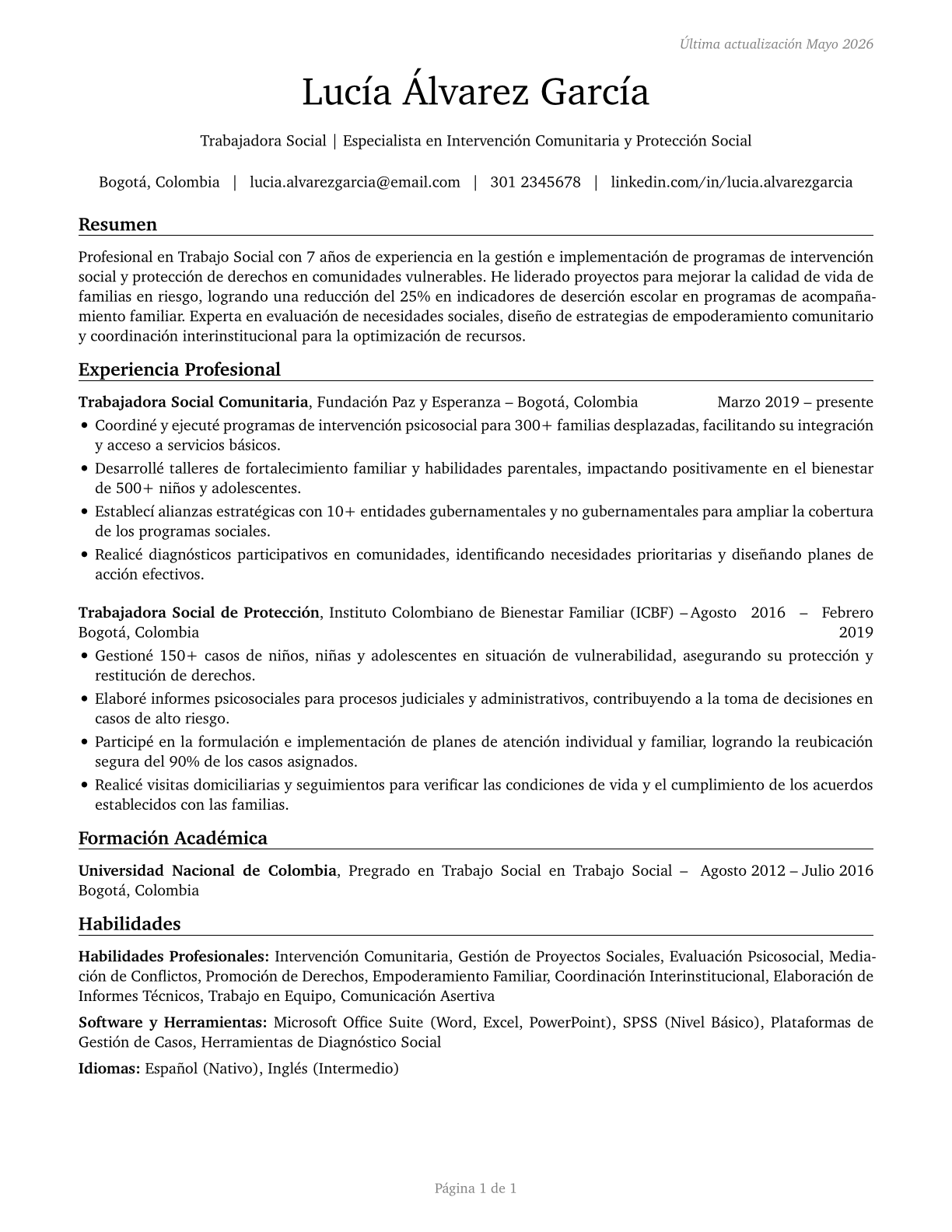 Social Workers, All Other CV in Spanish — page 1