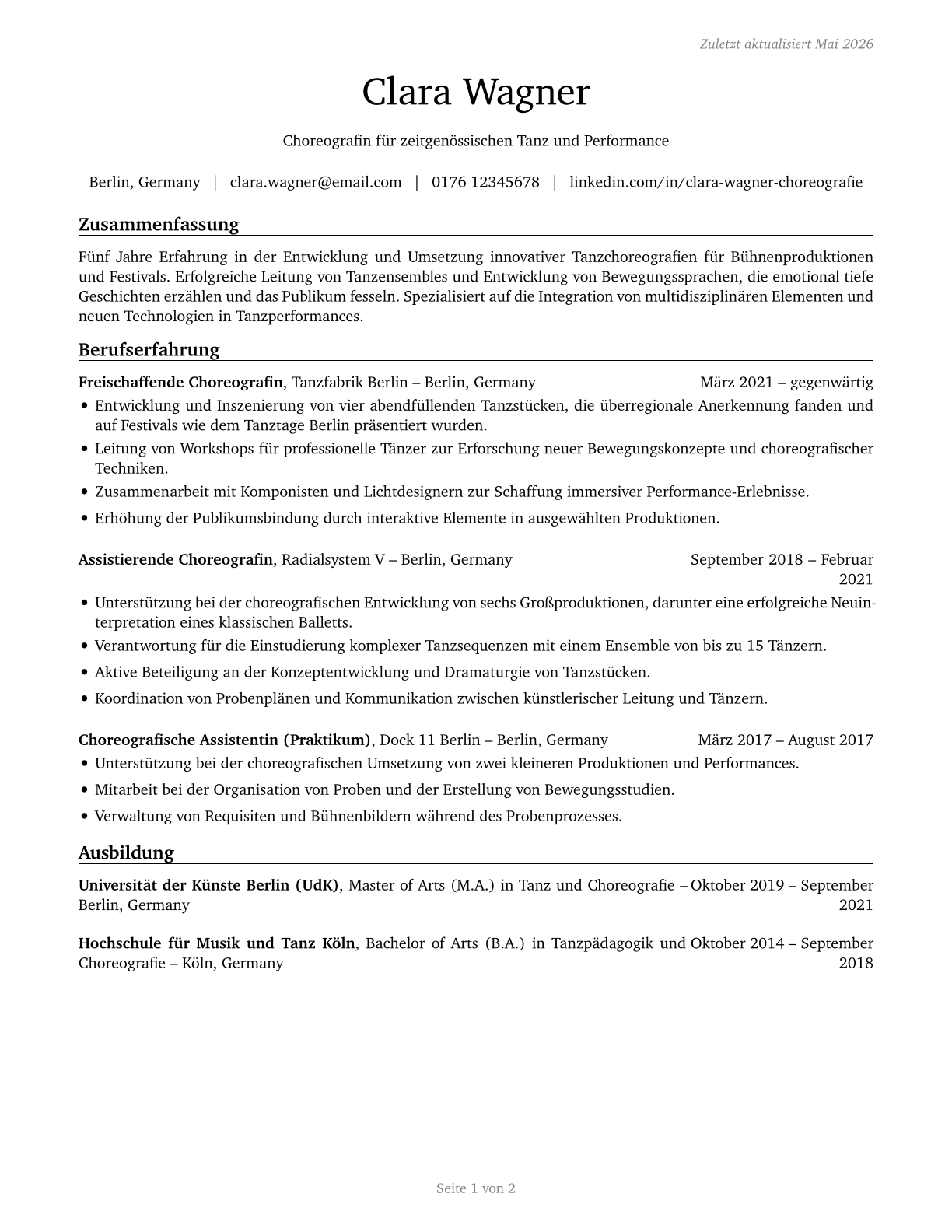 Choreographers CV in German — page 1