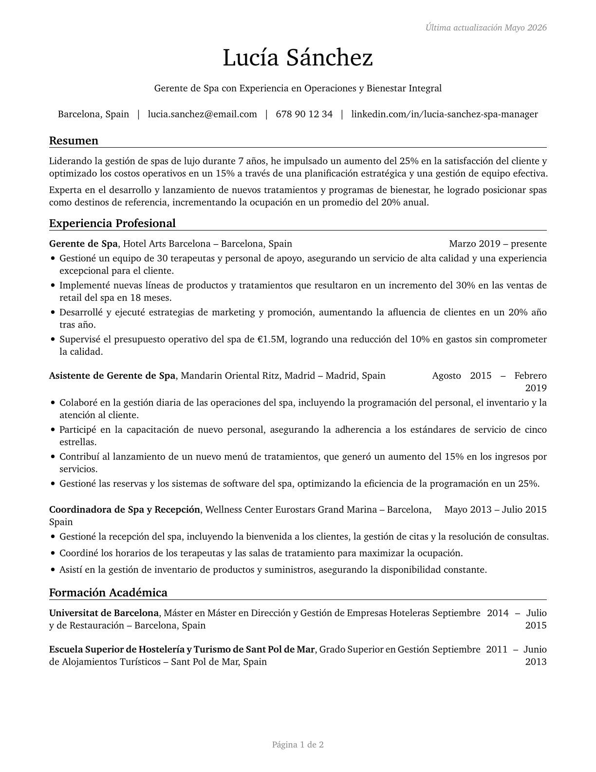 Spa Managers CV in Spanish — page 1