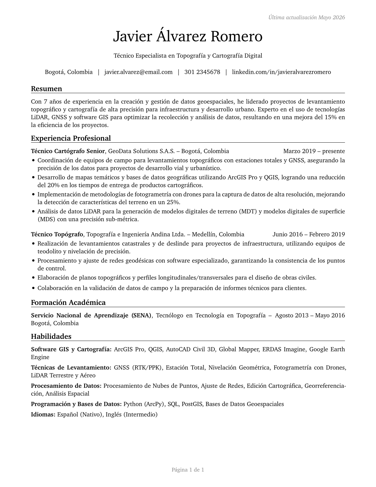 Surveying and Mapping Technicians CV in Spanish — page 1