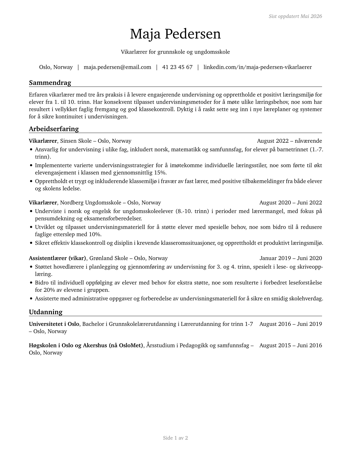 Substitute Teachers, Short-Term CV in Norwegian_bokmal — page 1